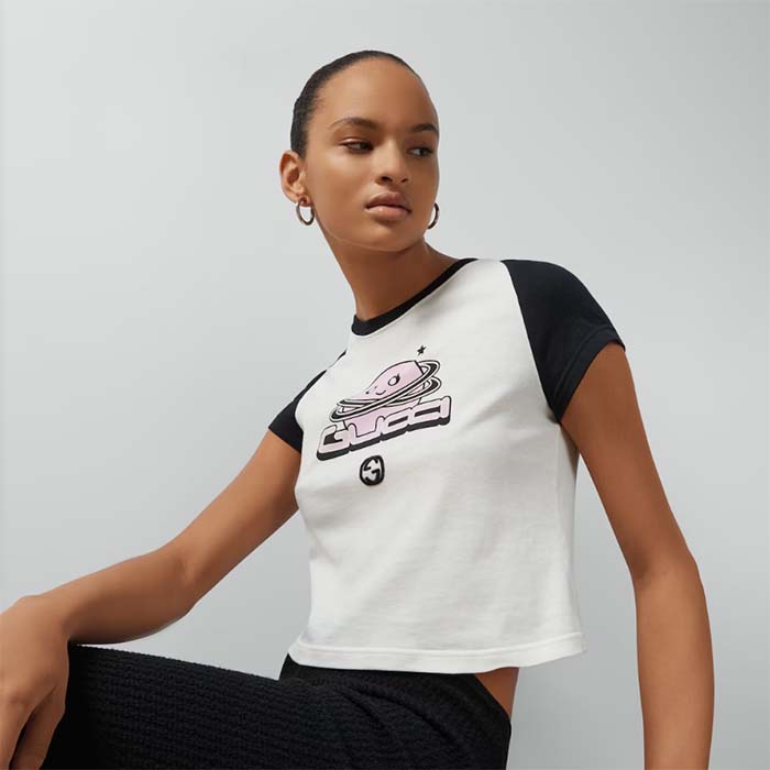 Gucci GG Women Cotton Jersey Short Sleeved T-Shirt Off White Black Gucci Planet Print Crewneck