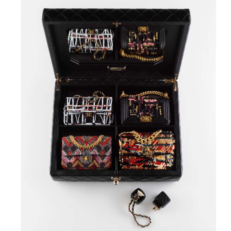 Chanel Women CC Only 1 Bag Set Of 4 Minis Bags Blue Lambskin Sequins Glass Pearls