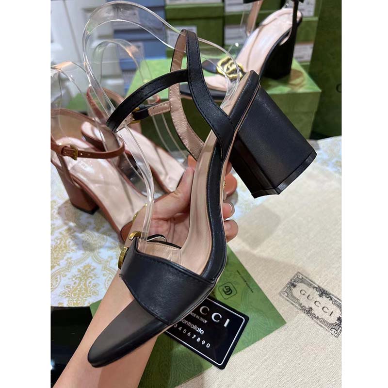 Gucci Women GG Leather Mid-Heel Sandal Black Double G 8 Cm Heel