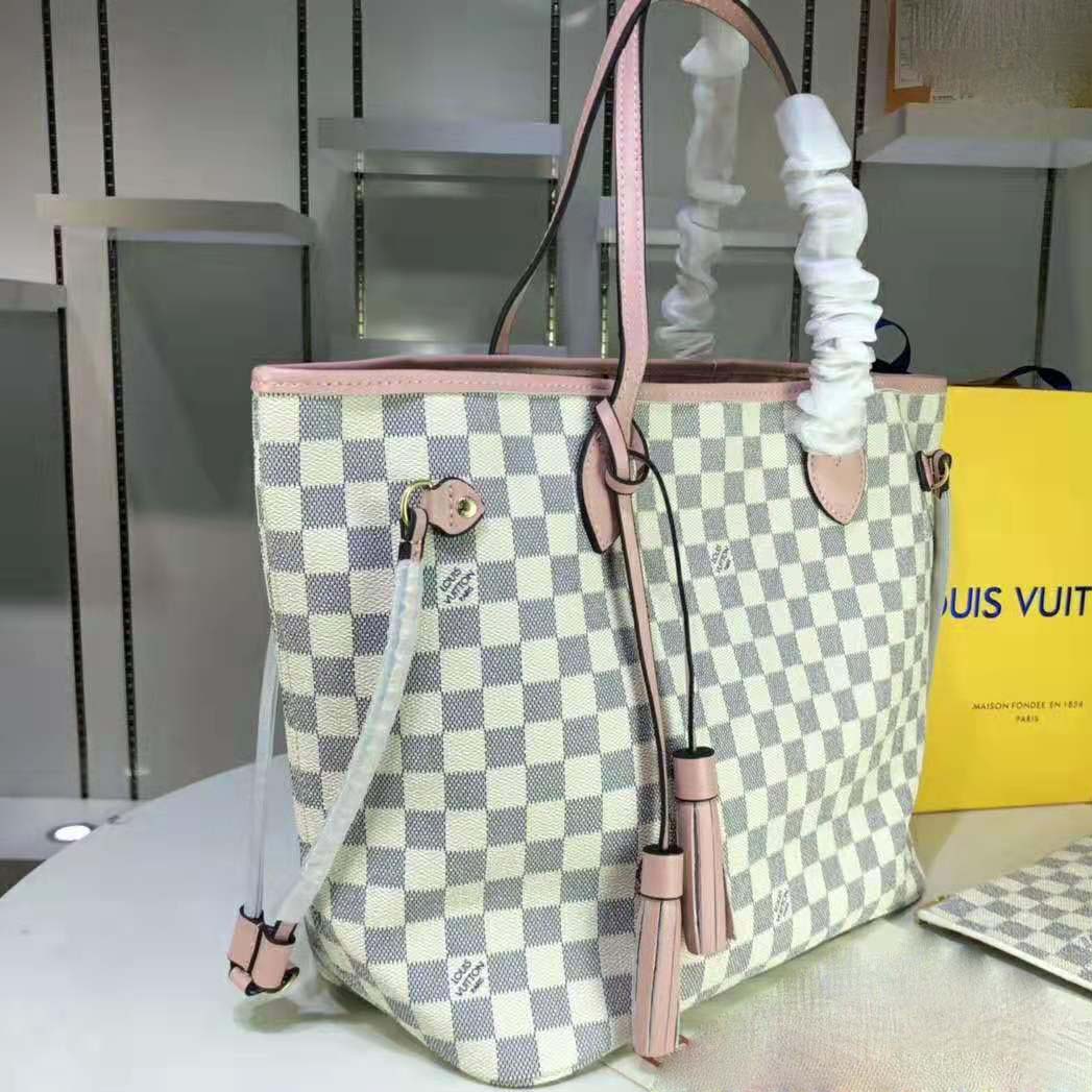Louis Vuitton LV Women Neverfull MM Tote Bag in Damier Azur Canvas-Pink