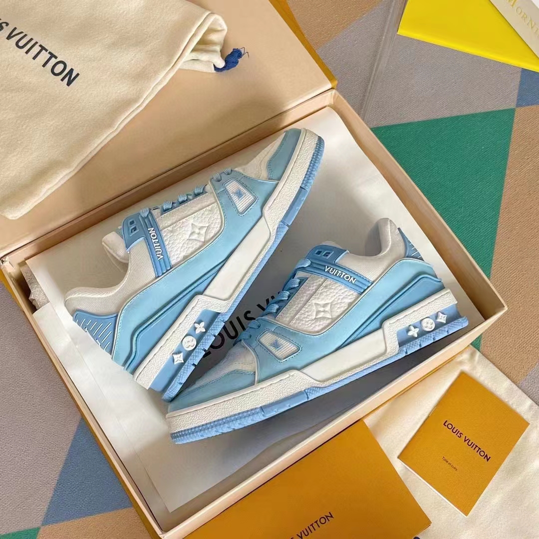 Louis Vuitton LV Unisex Trainer Sneaker Blue Mix Materials Initials Monogram Flowers