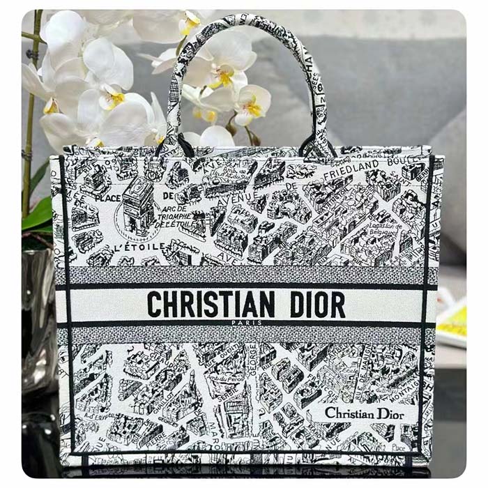 Dior Women CD Large Dior Book Tote White Black Plan De Paris Embroidery