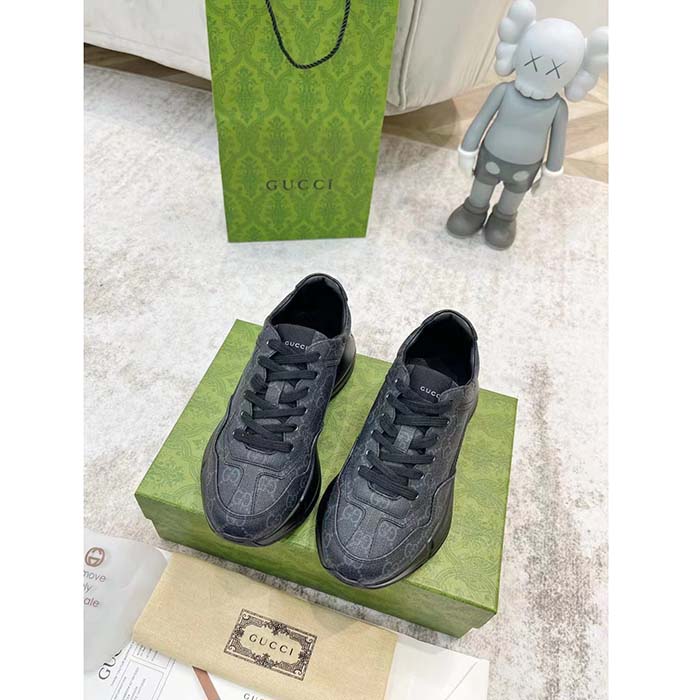 Gucci Unisex GG Rhyton Sneaker Black Supreme Canvas Rubber Lace-Up Mid Heel
