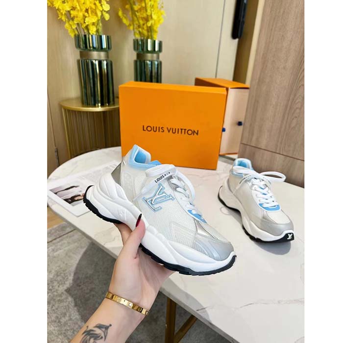 Louis Vuitton LV Unisex Run 55 Sneaker Denim Blue Mix Materials Lifted Rubber Outsole