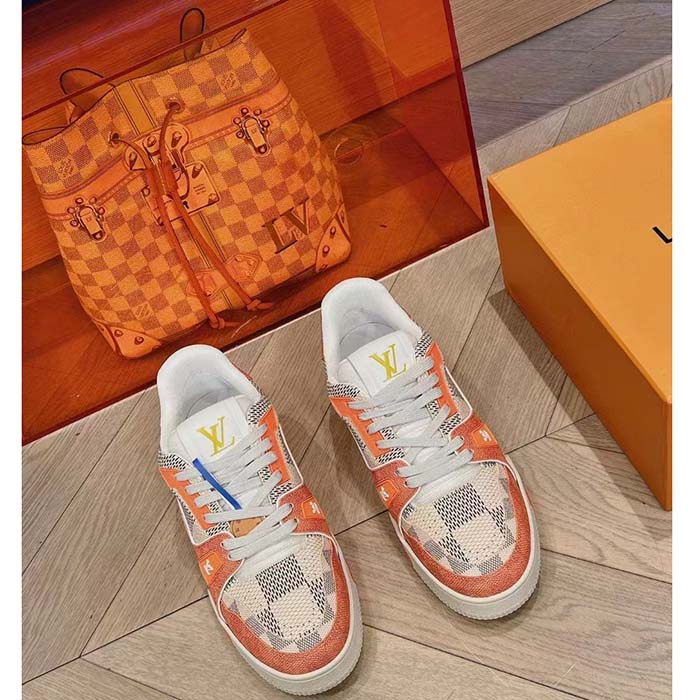 Louis Vuitton Unisex LV Trainer Sneaker Orange Damier Grained Calf Leather Rubber Monogram Flowers
