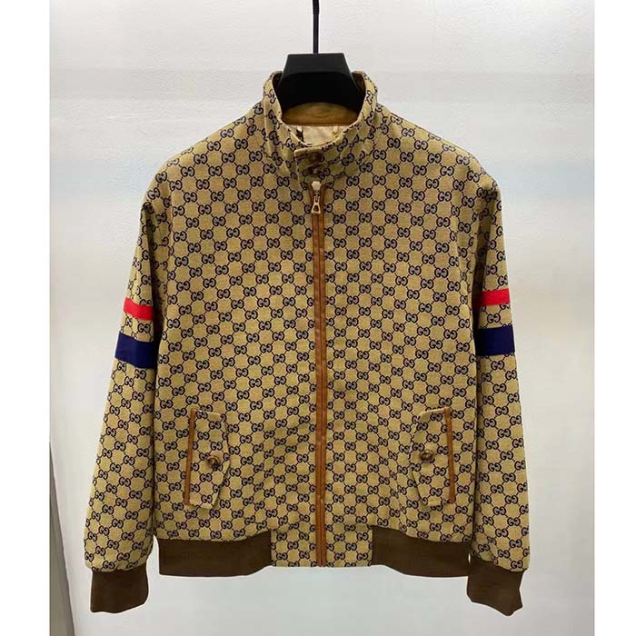 Gucci Women GG Cotton Canvas Zip Jacket Beige Blue Leather Lined Stand Collar Buttons