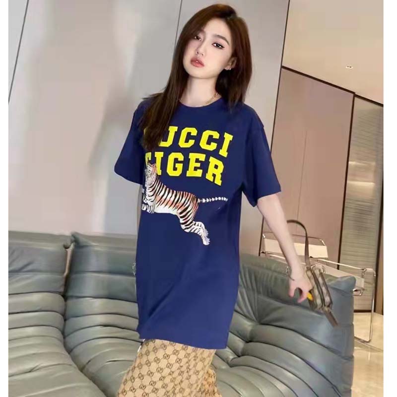 Gucci GG Women Gucci Tiger Cotton T-Shirt Blue Cotton Jersey Crewneck