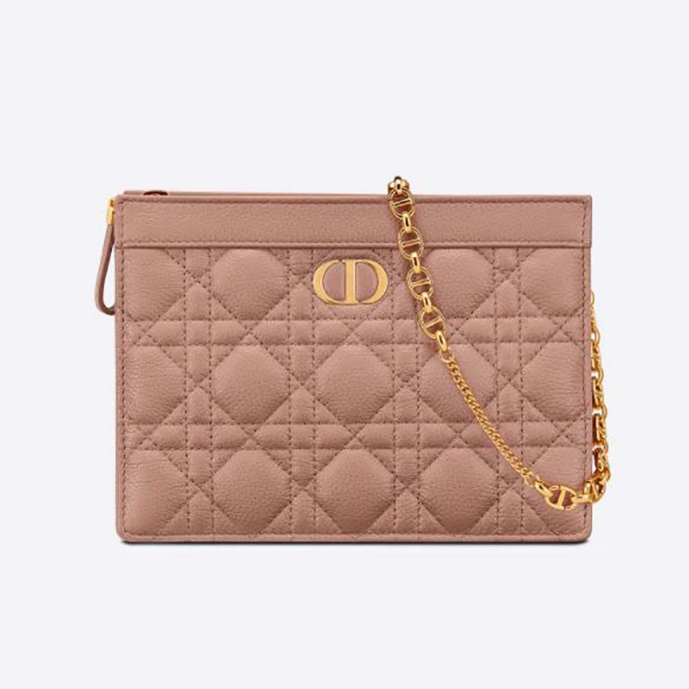 Dior Women Caro Zipped Pouch with Chain Cedar Pink Supple Cannage Calfskin