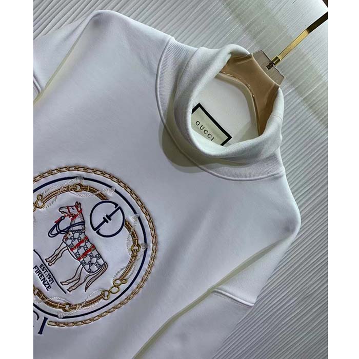 Gucci GG Women Jersey Sweatshirt Embroidery White Cotton Turtleneck Dropped Shoulder
