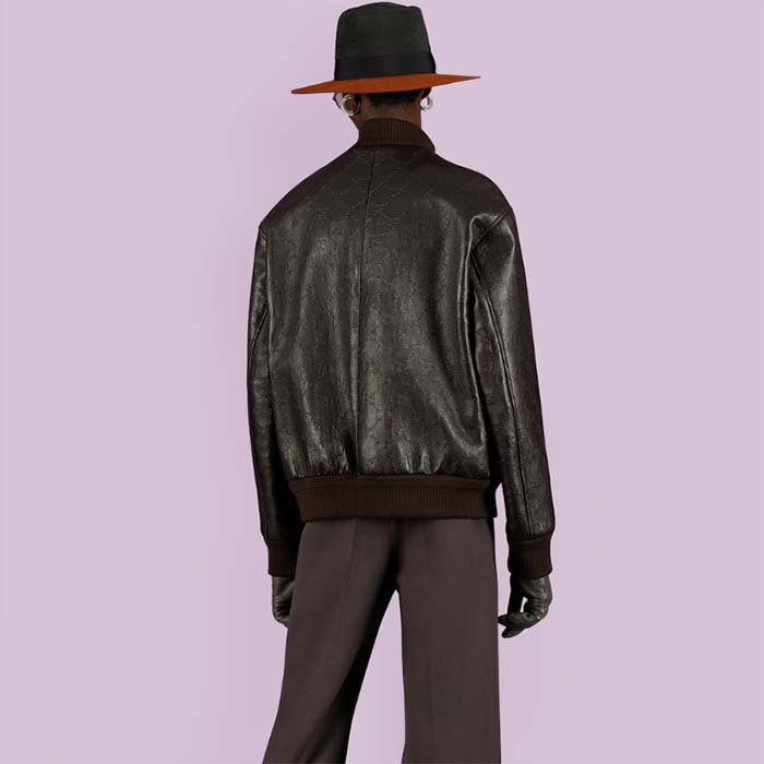 Gucci Men GG Leather Bomber Jacket Brown Lambskin Front Patch Pockets