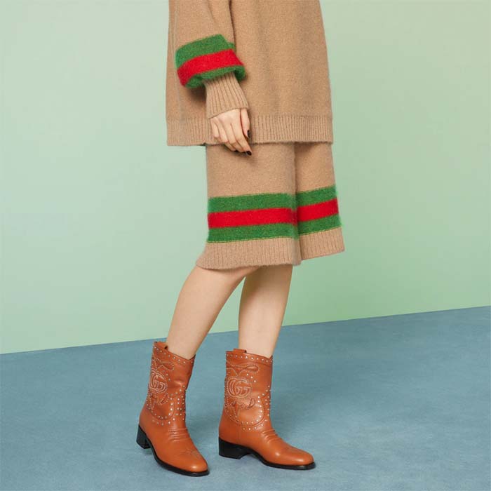 Gucci Women GG Boot Double G Embroidery Studs Brown Leather Low 3.6 CM Heel