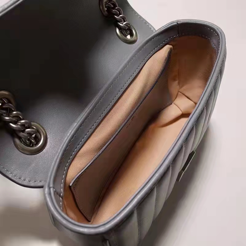 Gucci Women GG Marmont Small Shoulder Bag Grey Matelassé Leather Double G