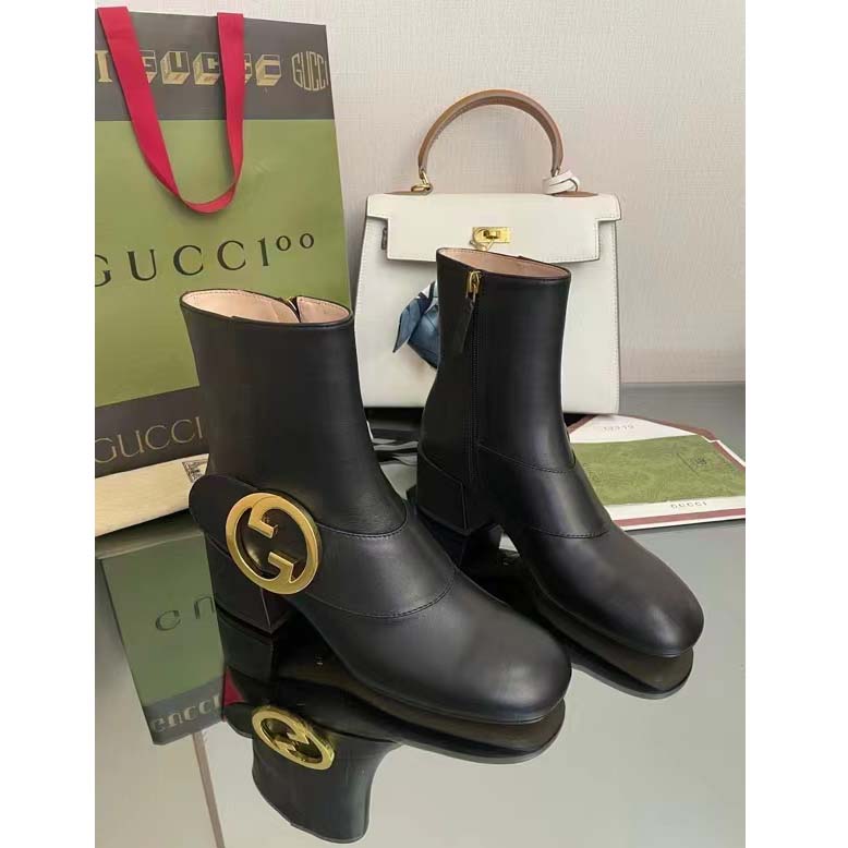 Gucci GG Blondie Women’s Ankle Boot Black Leather Mid 5 Cm Heel