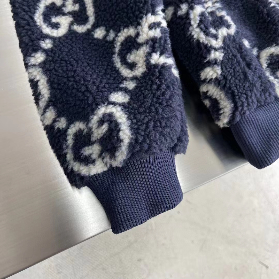 Gucci Women GG Fuzzy Fabric Jacquard Jacket Fixed Hood Drawstring Long Sleeves Front Patch Pocket