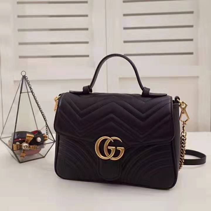 Gucci GG Women GG Marmont Small Top Handle Bag in Black Matelassé Chevron Leather