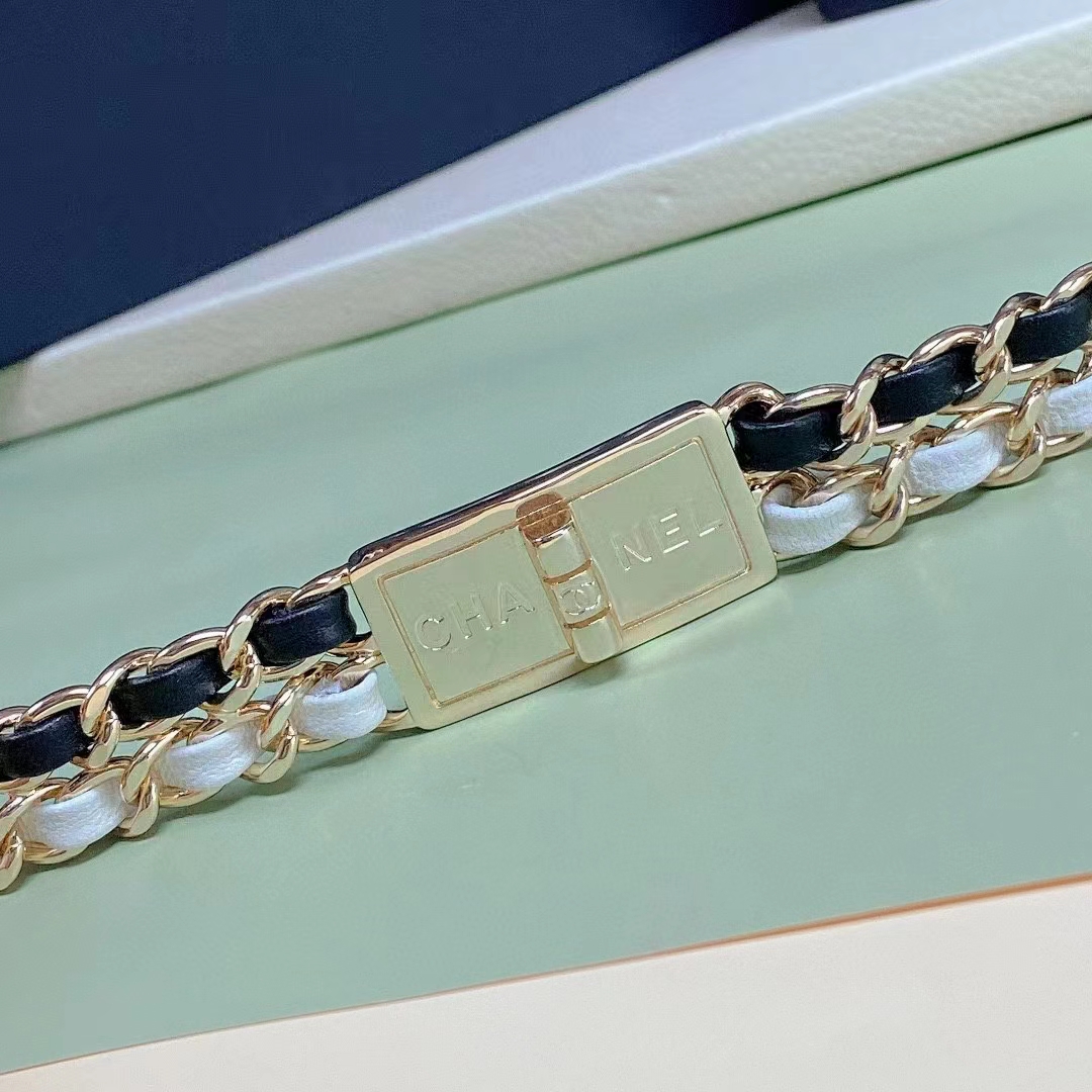 Chanel Women CC Belt Gold Tone Metal Black White Calfskin Lambskin Leather