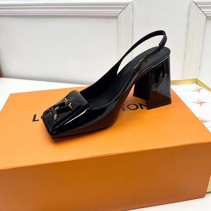 Louis Vuitton LV Women Shake Slingback Pump Black Patent Calf Leather Lambskin 9.5 Cm Heel