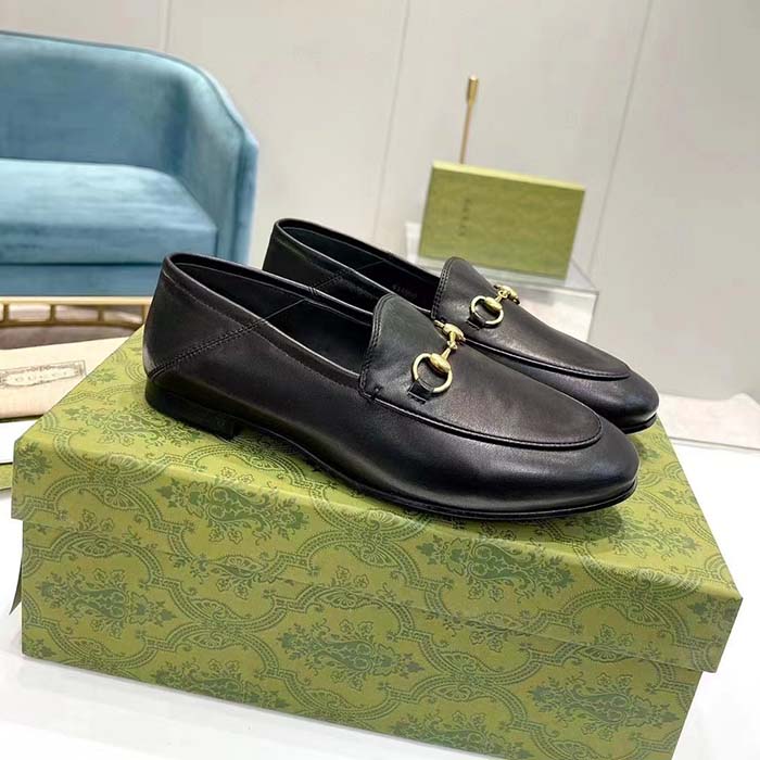 Gucci Unisex Leather Horsebit Loafer Black Slim Shape Sole Flat 1 CM Heel