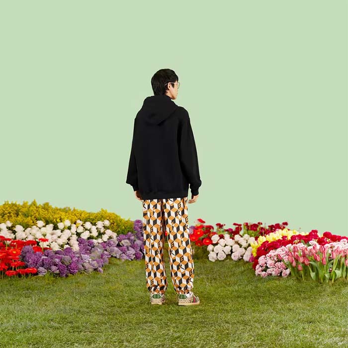 Gucci Men GG Cotton Jersey Sweatshirt Black Felted Long Sleeves Kangaroo Front Pocket