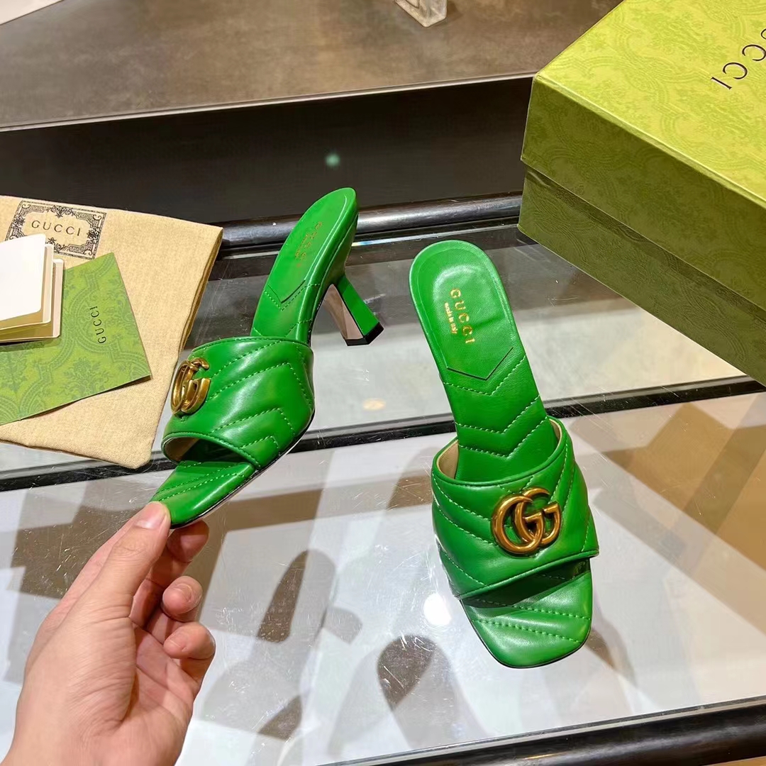 Gucci Women GG Double G Slide Sandal Emerald Green Chevron Matelassé Leather 7.6 cm Heel