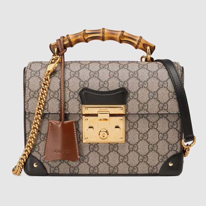 Gucci GG Women Padlock GG Small Bamboo Shoulder Bag in Beige/Ebony GG Supreme Canvas