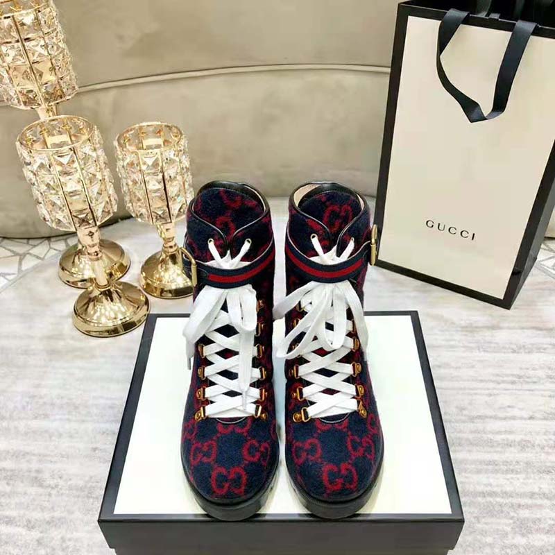 Gucci Women Gucci Zumi GG Wool Ankle Boot in Blue and Red GG Wool