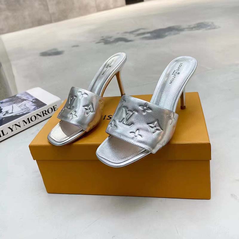 Louis Vuitton LV Women Revival Mule Silver Monogram Embossed Metallic Lambskin