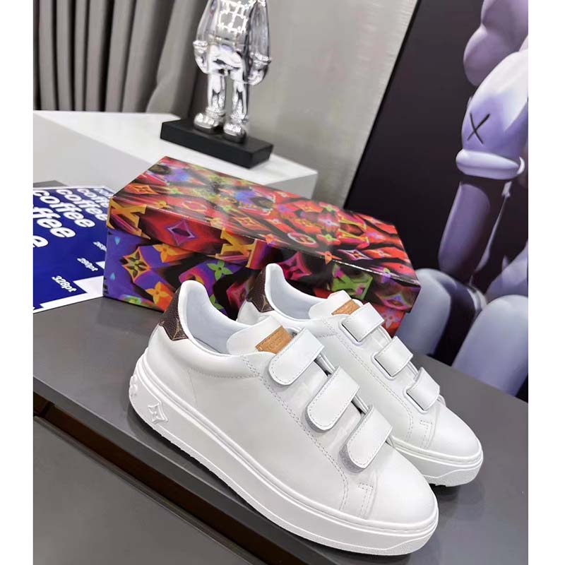 Louis Vuitton LV Unisex Time Out Sneaker White Calf Leather Monogram Canvas