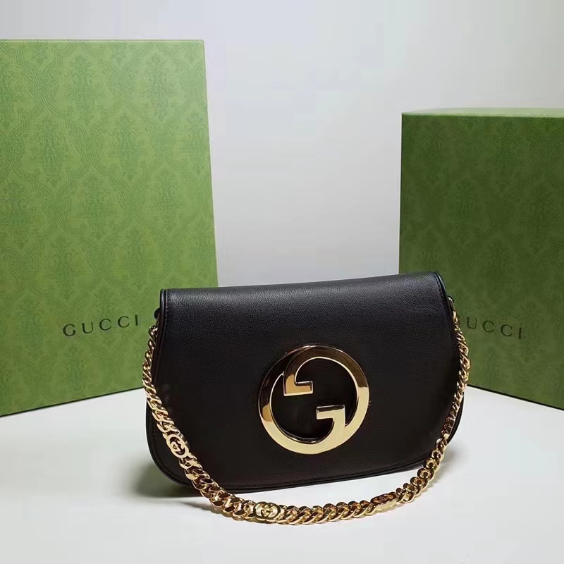 Gucci Women GG Blondie Shoulder Bag Black Leather Round Interlocking G