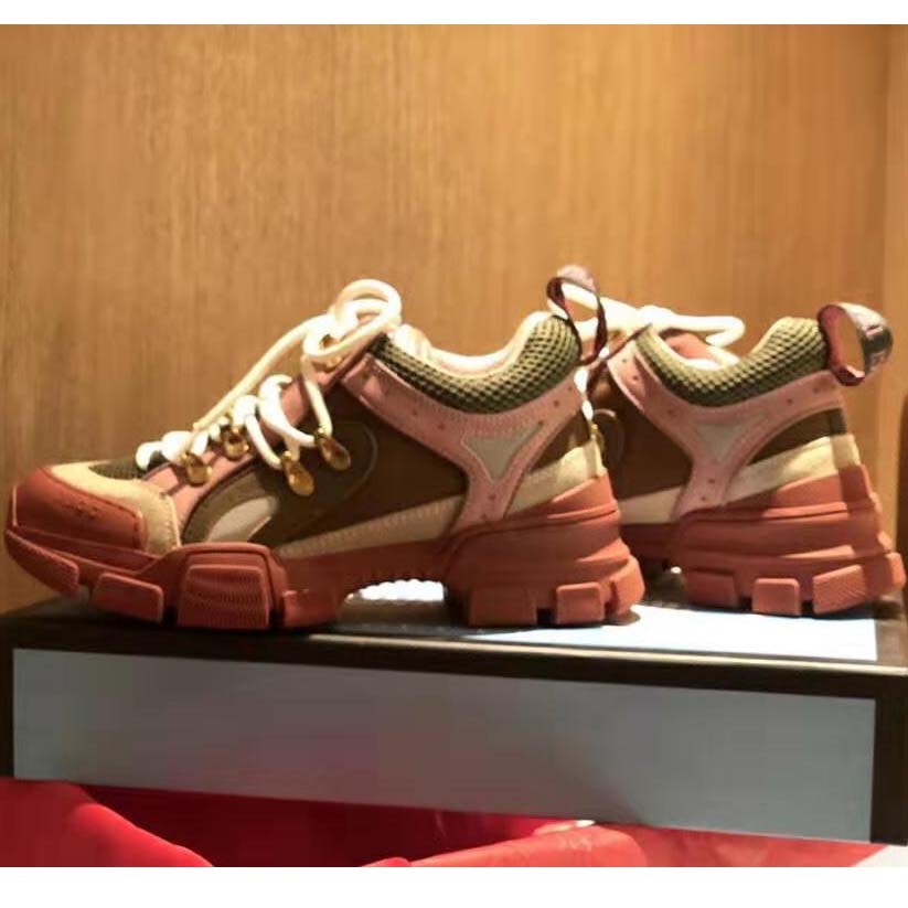 Gucci Unisex Flashtrek Sneaker in Brown and Pink Leather 5.6 cm Heel