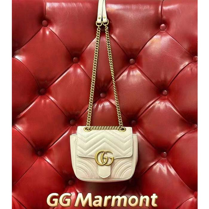 Gucci Women GG Marmont Matelassé Mini Tote Bag White Chevron Leather Double G