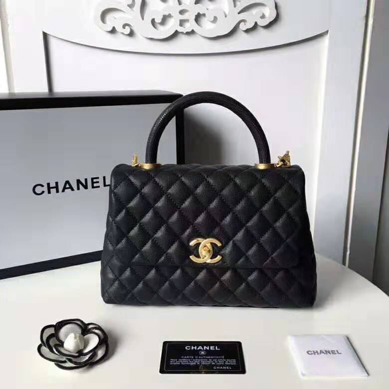 Chanel Women Flap Bag with Top Handle in Grained Calfskin Leather-Black