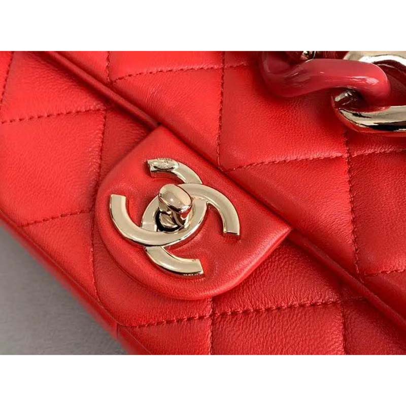 Chanel Women Flap Bag Lambskin Resin & Gold-Tone Metal-Red