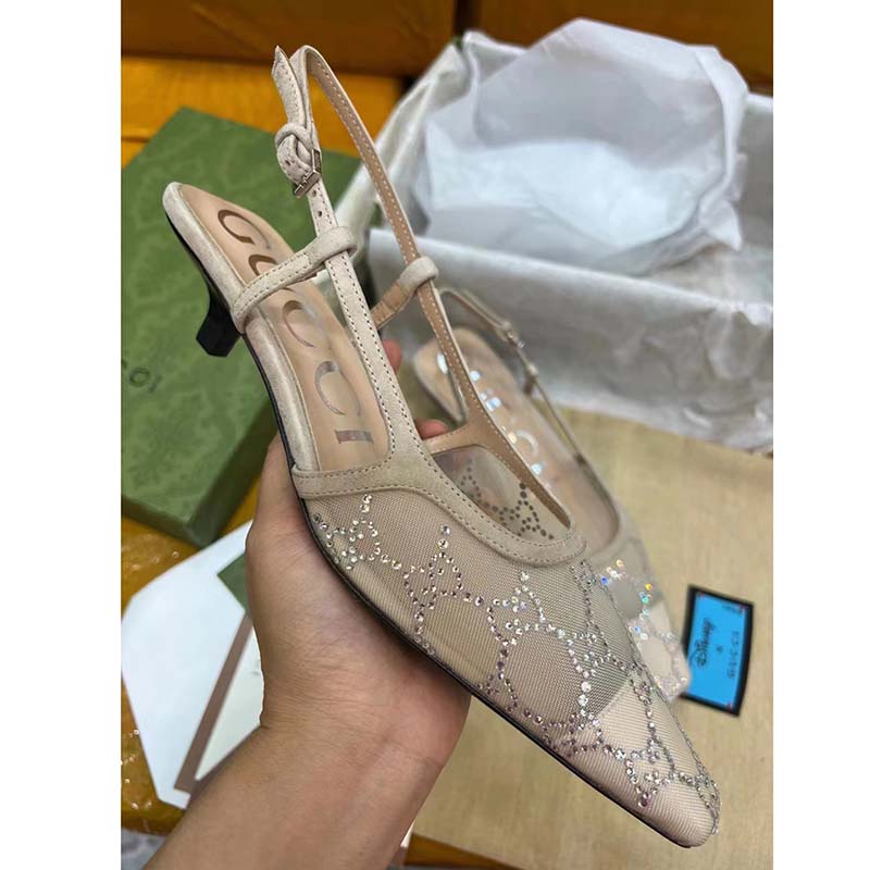 Gucci Women GG Slingback Pump Rose Beige Mesh Crystals Kitten 4 Cm Heel