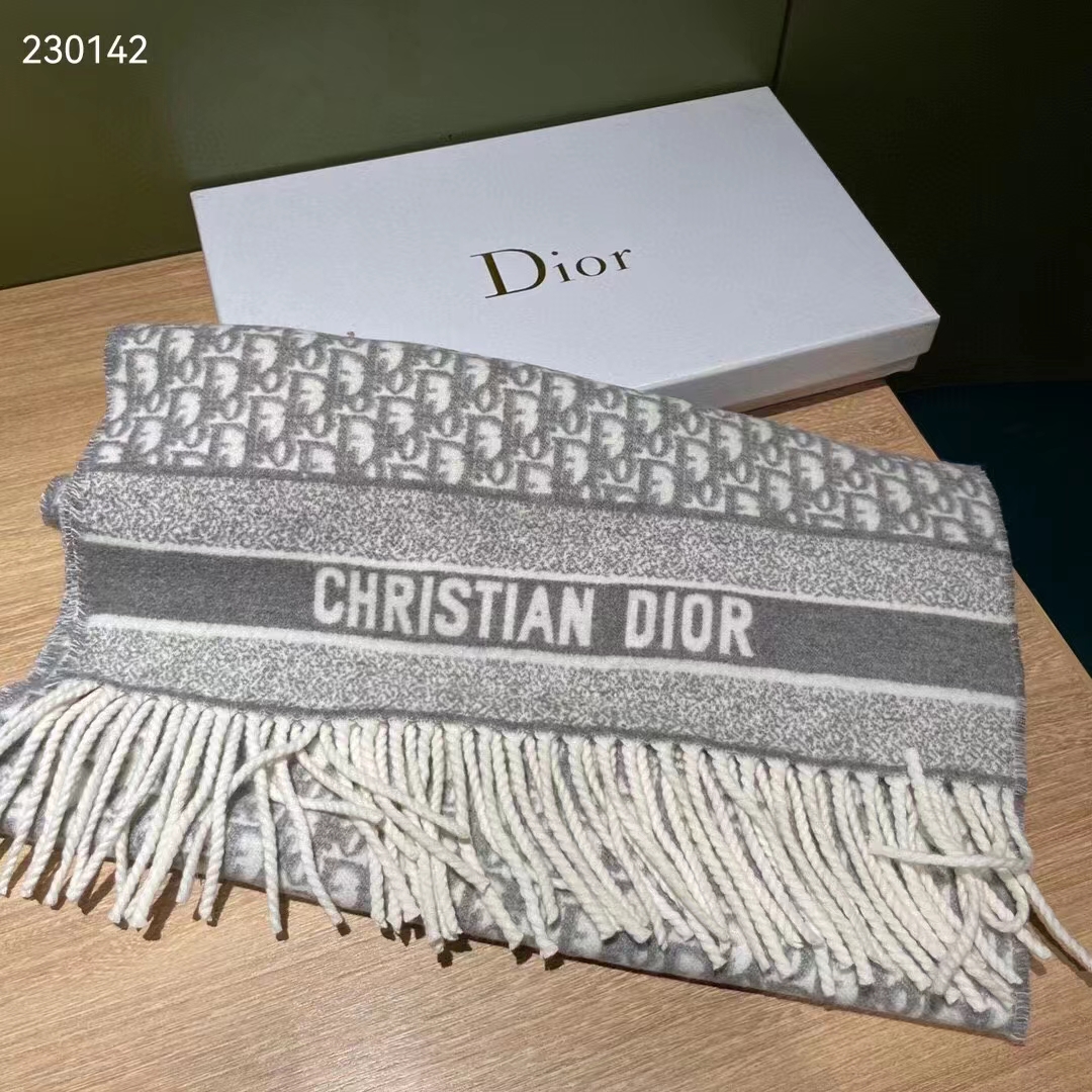 Dior Unisex CD Dior Oblique Scarf Gray Cashmere Double-Sided Fringed Ends