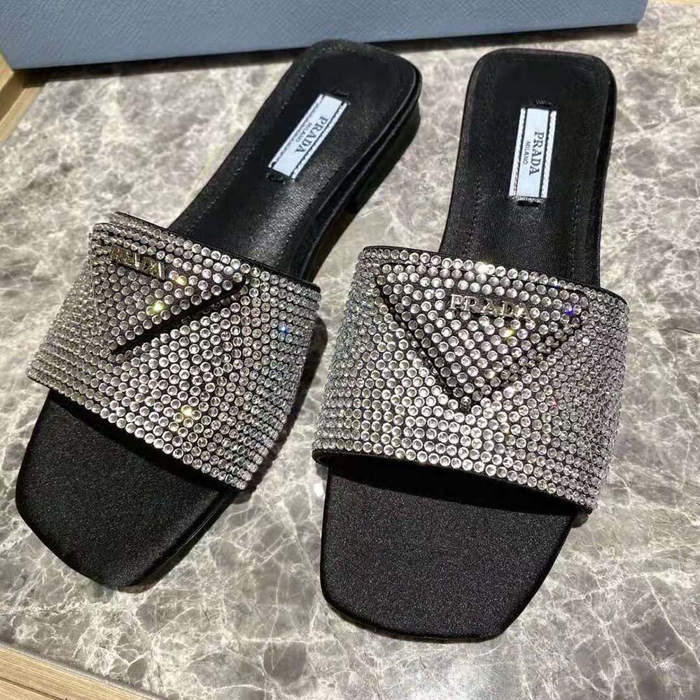 Prada Women Satin Slides with Crystals-Black