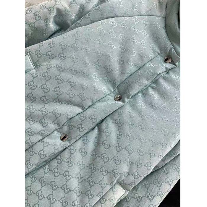 Gucci Women GG Canvas Hooded Bomber Jacket Pale Blue Two Side Pockets Padded Drawstring Hem