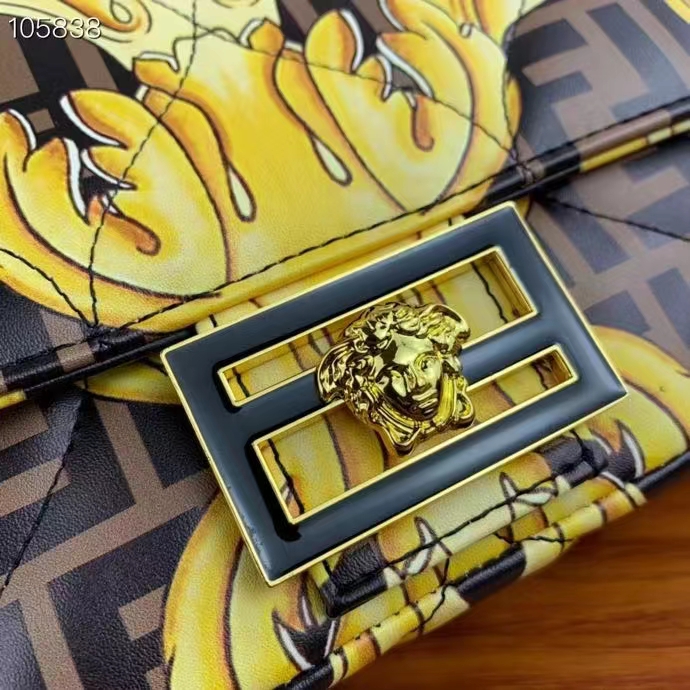 Fendi Women FF Baguette Fendace Quilted Black Silk Bag