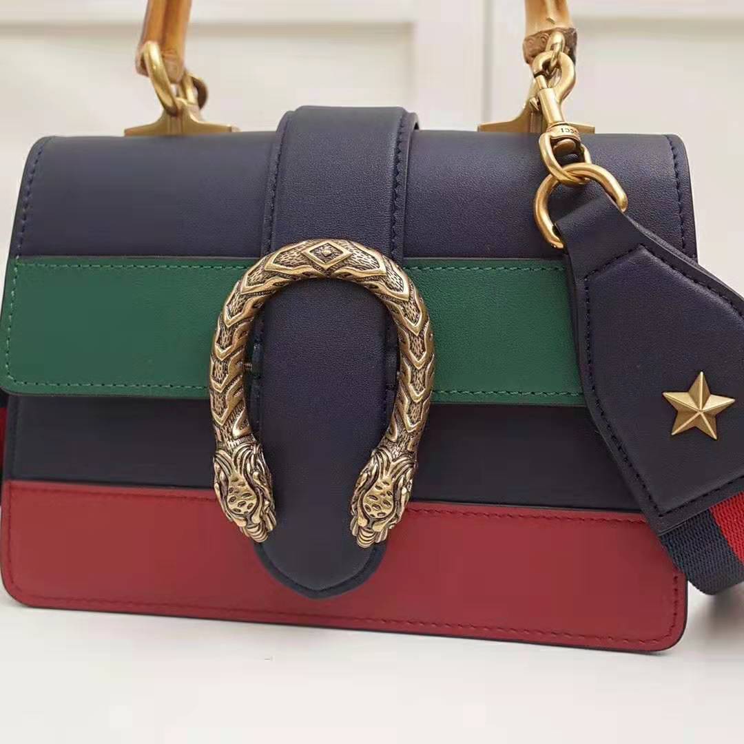 Gucci GG Women Dionysus Medium Top Handle Bag in Blue Gucci Green and Hibiscus Red Leather