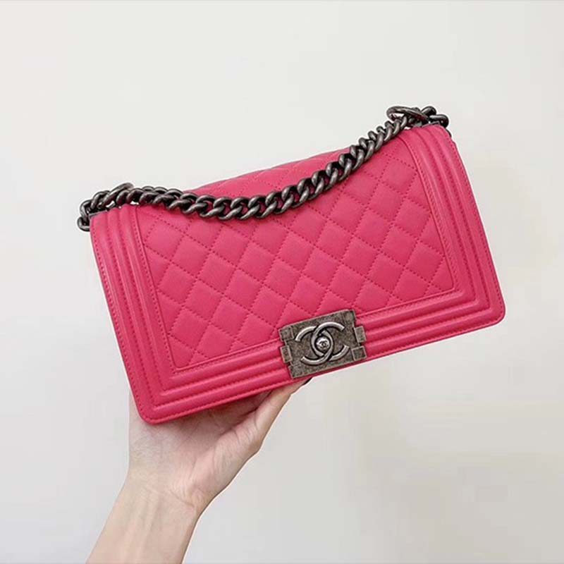 Chanel Women Leboy Flap Bag with Chain in Calfskin Leather-Rose