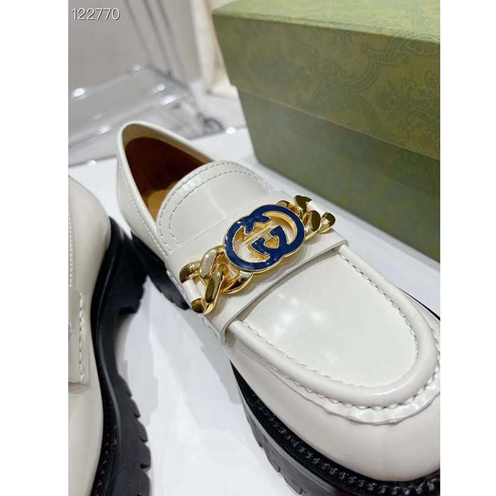 Gucci Women GG Interlocking G Lug Sole Loafer White Leather Rubber Flat 1.5 CM Heel
