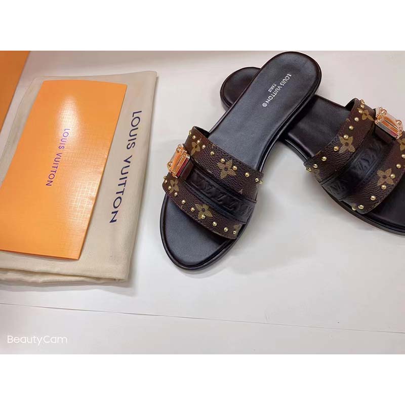 Louis Vuitton LV Women Lock It Flat Mule Black Patent Monogram Canvas