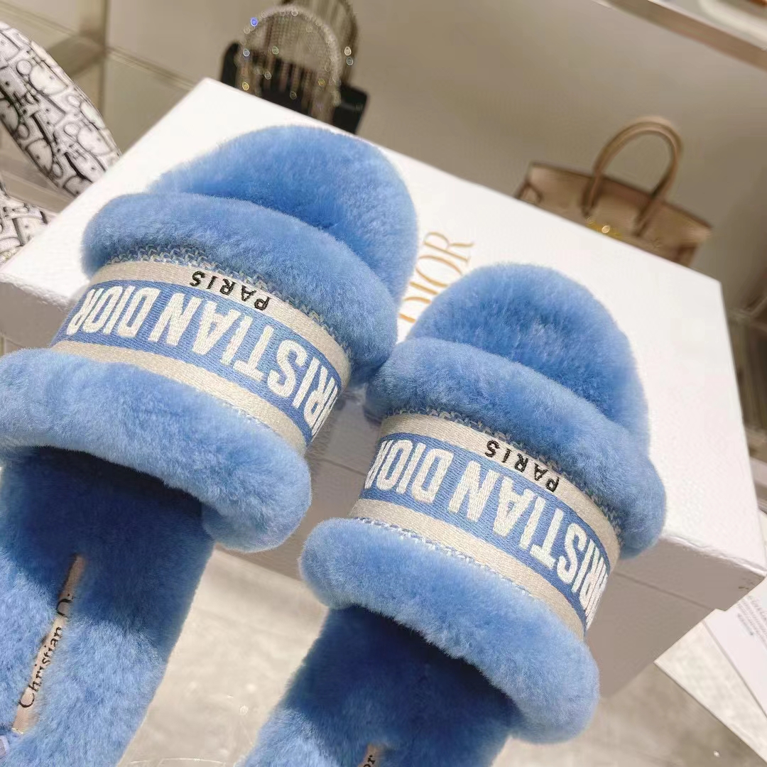 Dior Women CD Shoes Chez Moi Slide Bright Blue Embroidered Cotton Shearling