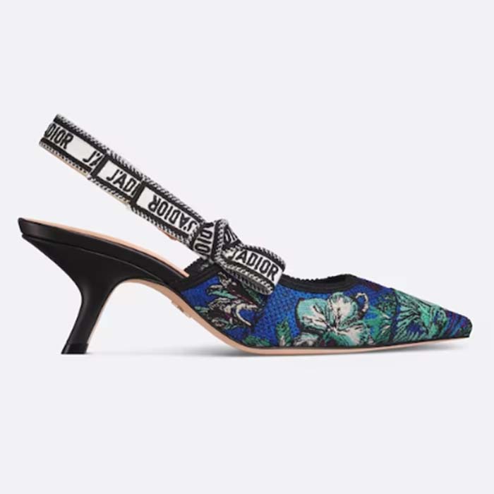 Dior CD Women J’Adior Slingback Pump Cobalt Blue Multicolor Embroidered Cotton Toile De Jouy Voyage