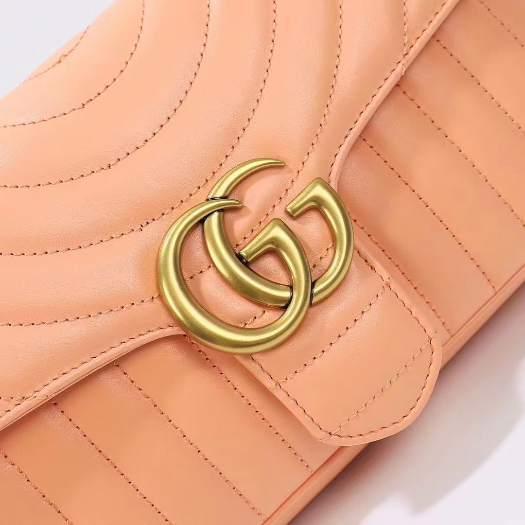 Gucci Women GG Marmont Small Shoulder Bag Peach Matelassé Round Vertical Matelassé Leather