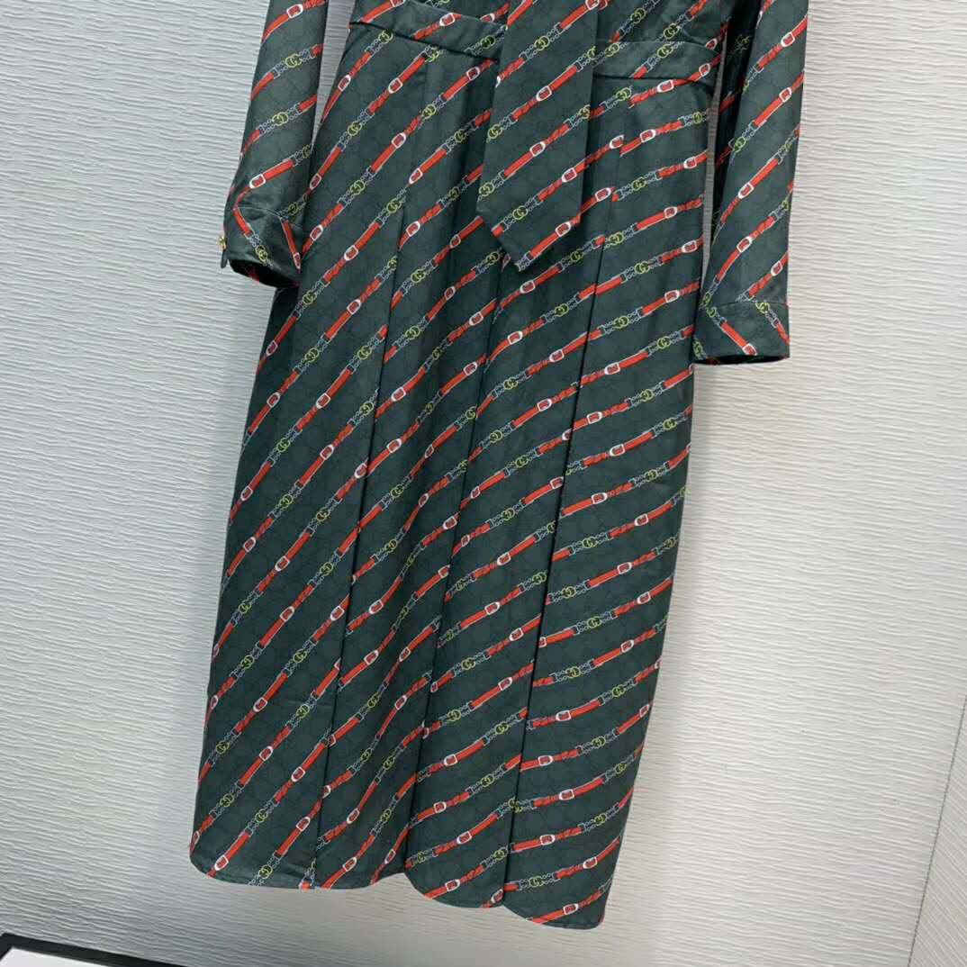 Gucci Women Interlocking G and Belts Print Dress in 100% Silk-Green