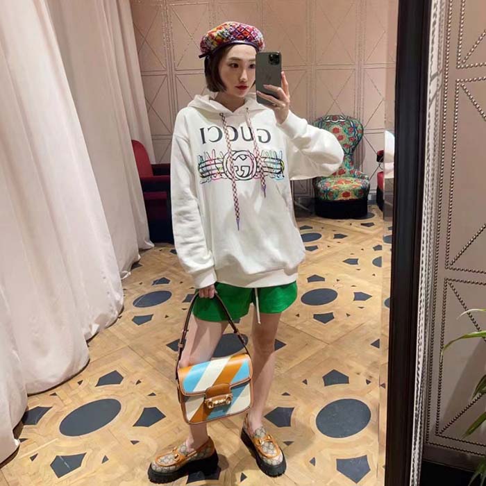 Gucci Women GG Logo Bunny Print Hooded Cotton Sweatshirt Off White Cotton Jersey