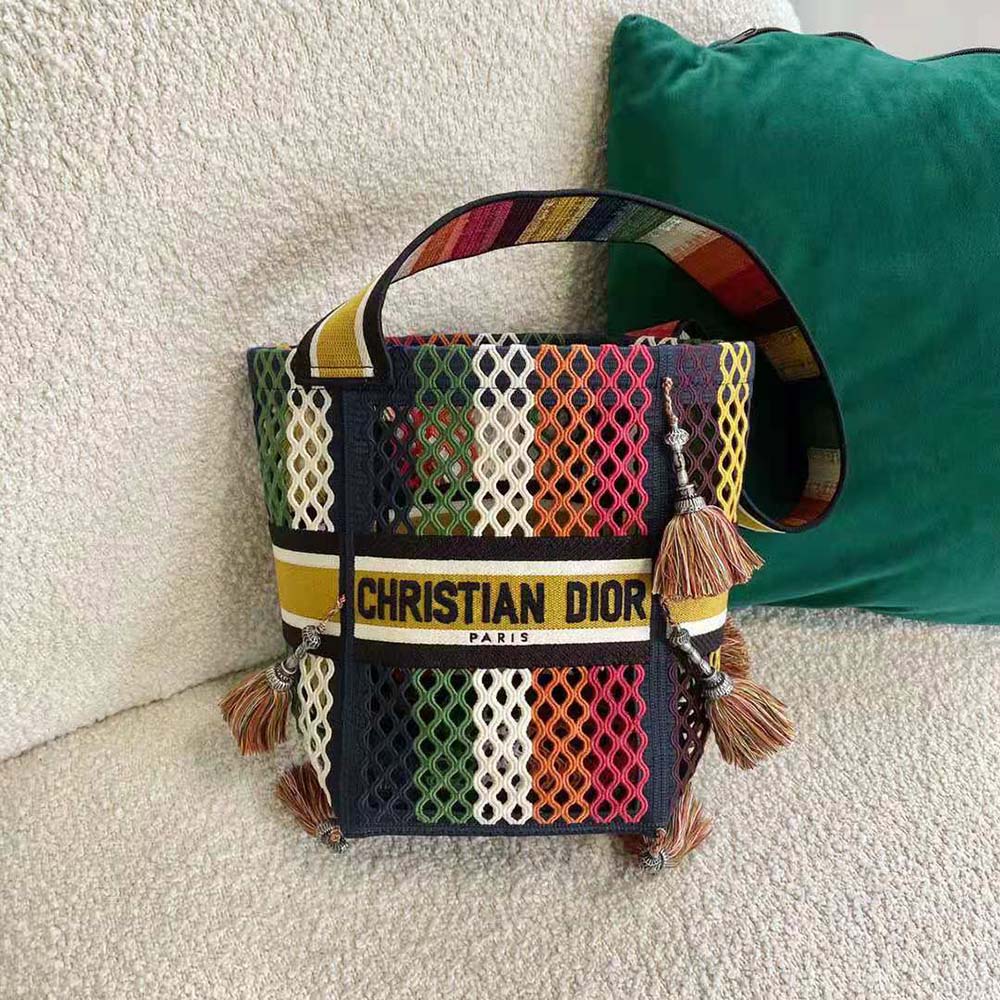 Dior Women D-Bubble Bucket Bag Multicolor Mesh Embroidery