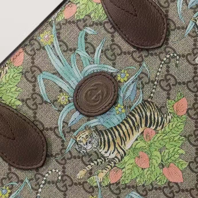 Gucci Unisex Tiger GG Small Tote Bag Blue Beige Ebony GG Supreme Canvas