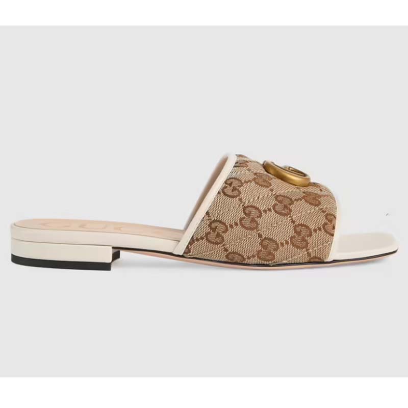 Gucci Women’s GG Matelassé Canvas Slide Sandal Double G Square Toe Leather Flat